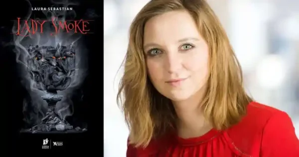 Imagine compusă din două părți: în partea stângă, coperta romanului ‘Lady Smoke’ de Laura Sebastian, cu un design întunecat ce include un tron învăluit în fum și elemente gotice, sugerând un fantasy plin de mister și putere. În partea dreaptă, autoarea Laura Sebastian este portretizată într-un cadru luminos, purtând o bluză roșie, zâmbind subtil, cu un fundal alb estompat care evidențiază prezența sa caldă și accesibilă.