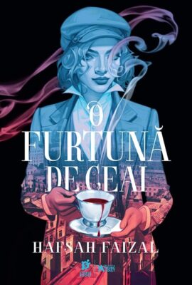 Coperta cărții „O furtună de ceai” de Hafsah Faizal prezintă o femeie cu părul ondulat, îmbrăcată într-o ținută elegantă, având pe cap o pălărie stil beretă. Femeia ține în mâini o ceașcă de ceai albă, din care se revarsă un lichid de culoarea sângelui, iar aburii se ridică în forme unduitoare în culori de albastru și roz. În fundal, se vede un peisaj urban, cu clădiri detaliate. Titlul „O furtună de ceai” este scris cu litere mari albe, iar numele autoarei, Hafsah Faizal, apare în partea de jos a imaginii, împreună cu logo-urile Storia Books și Colecția Young Adult.